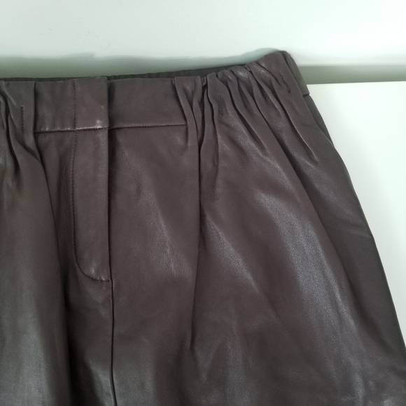 Halston Heritage 100% Lamb Leather Brown Gathered Front Skirt w/ Pockets Size 2 - Picture 4 of 16